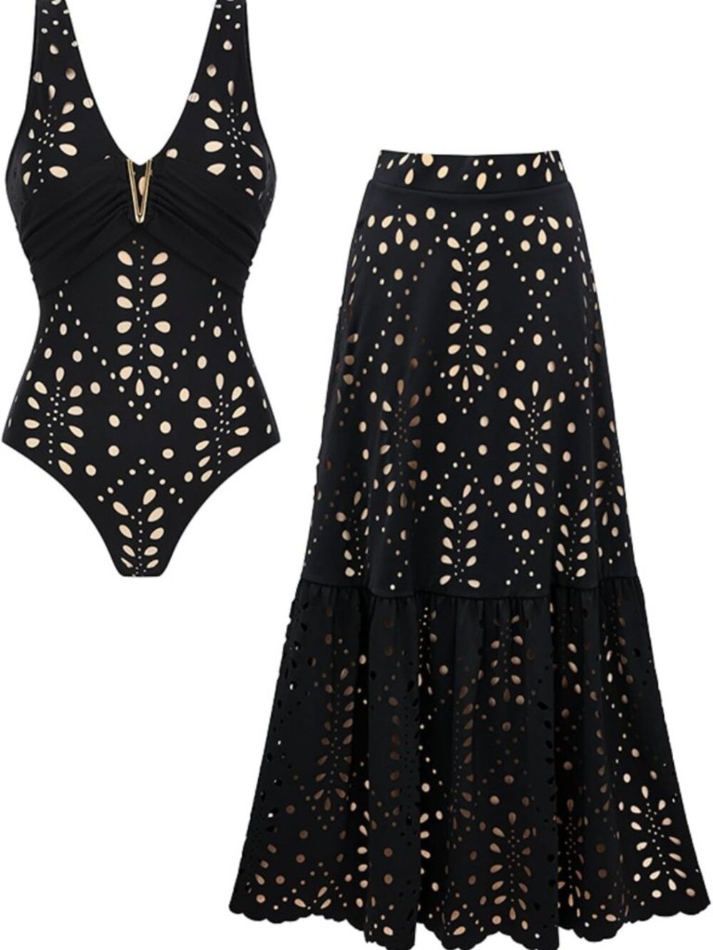 Floral Laser Cut V-Neck One Piece Swimsuit with Skirt - Stylish Beachwear
